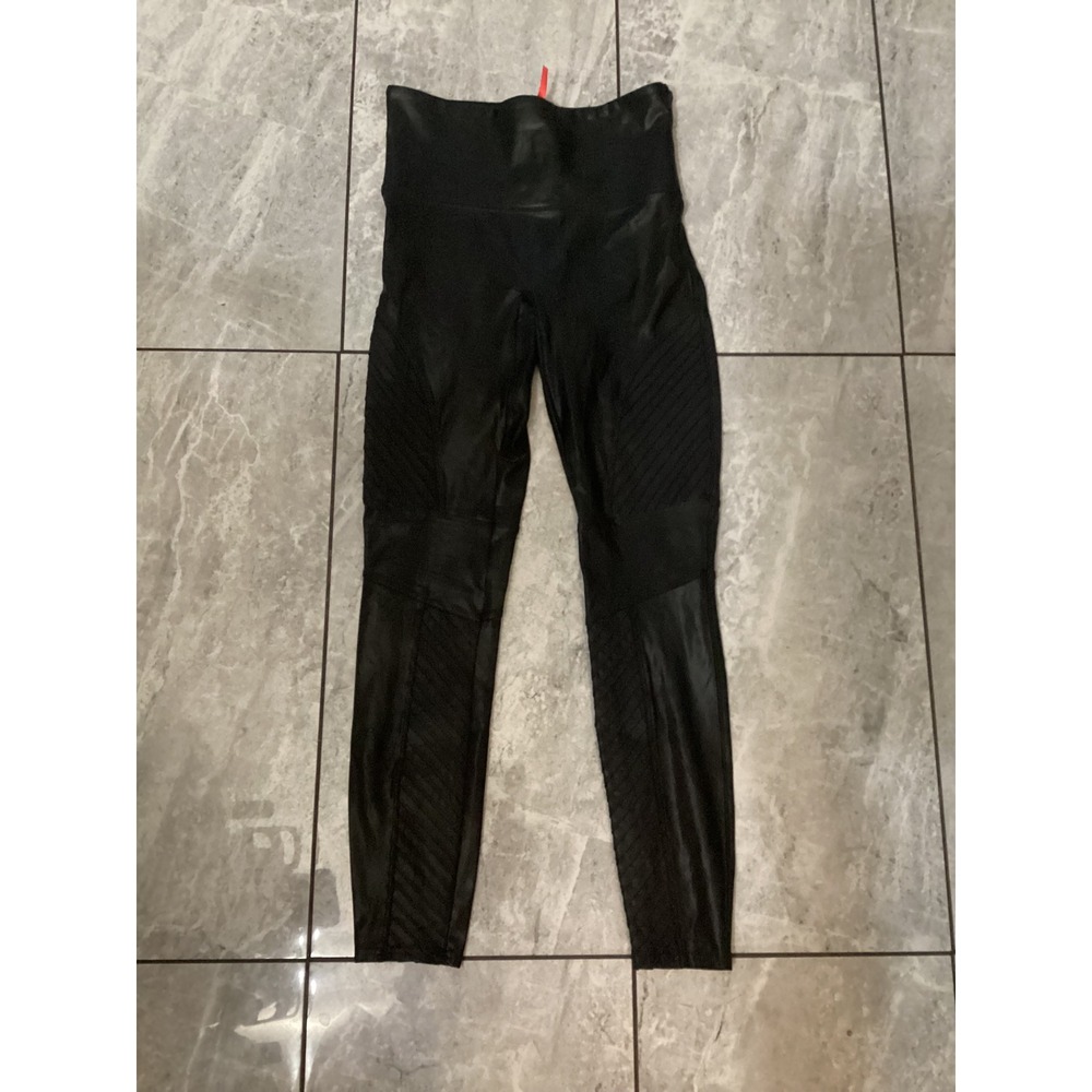 SPANX Black Faux Leather Moto Leggings Moto Trim High Waist Size L